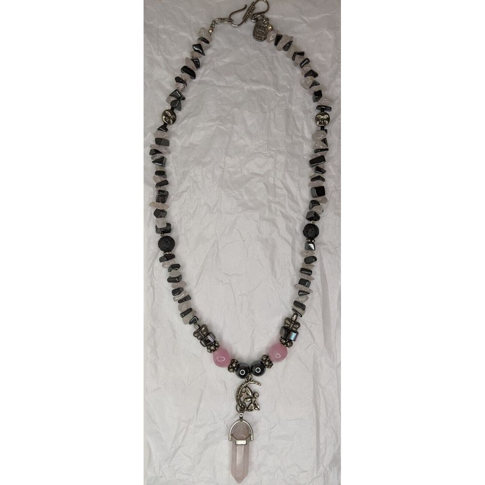 Handmade Rose Quartz Pendant Necklace With Fairy Charm